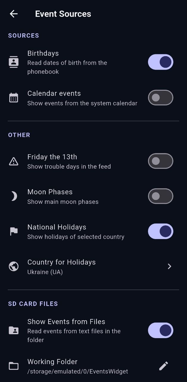 Events Widget settings screen