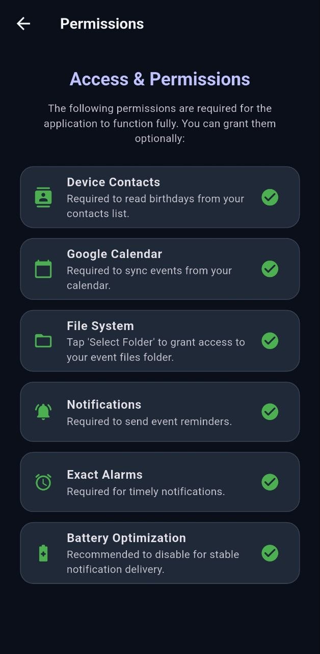 Events Widget permissions screen