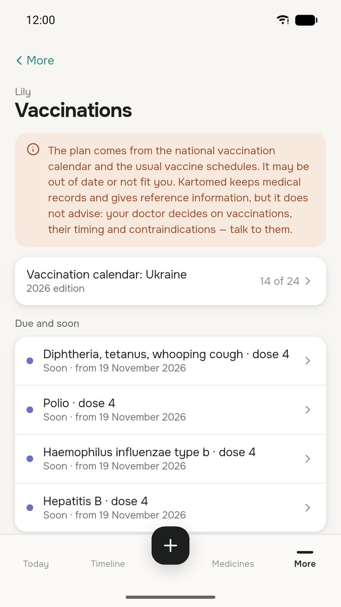 A child's vaccination plan in Kartomed