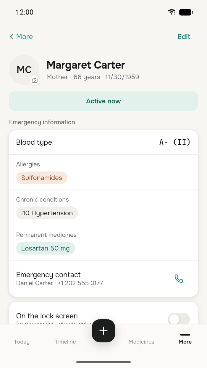 A family profile with emergency information in Kartomed