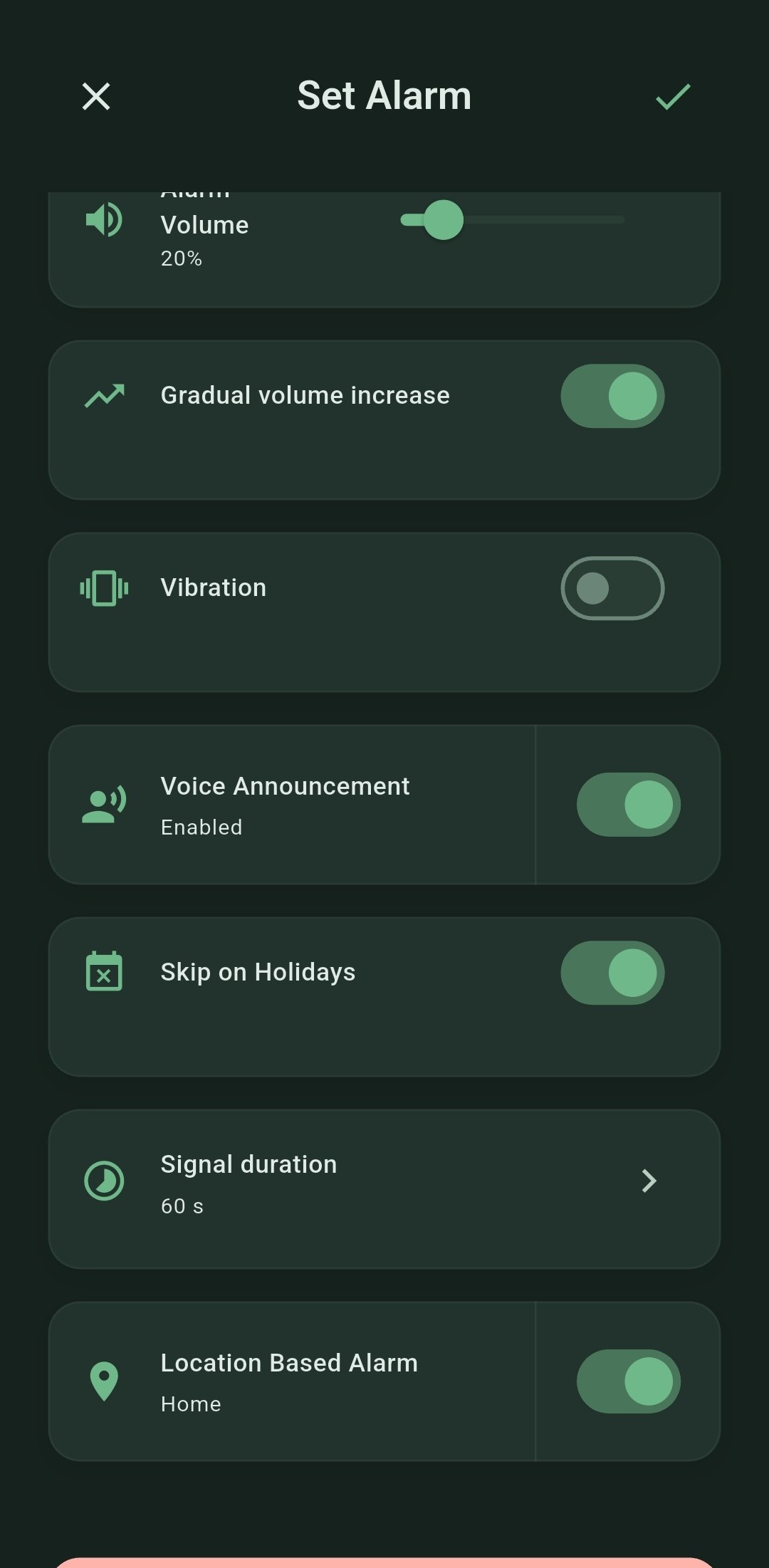 Simple Smart Alarm holiday settings