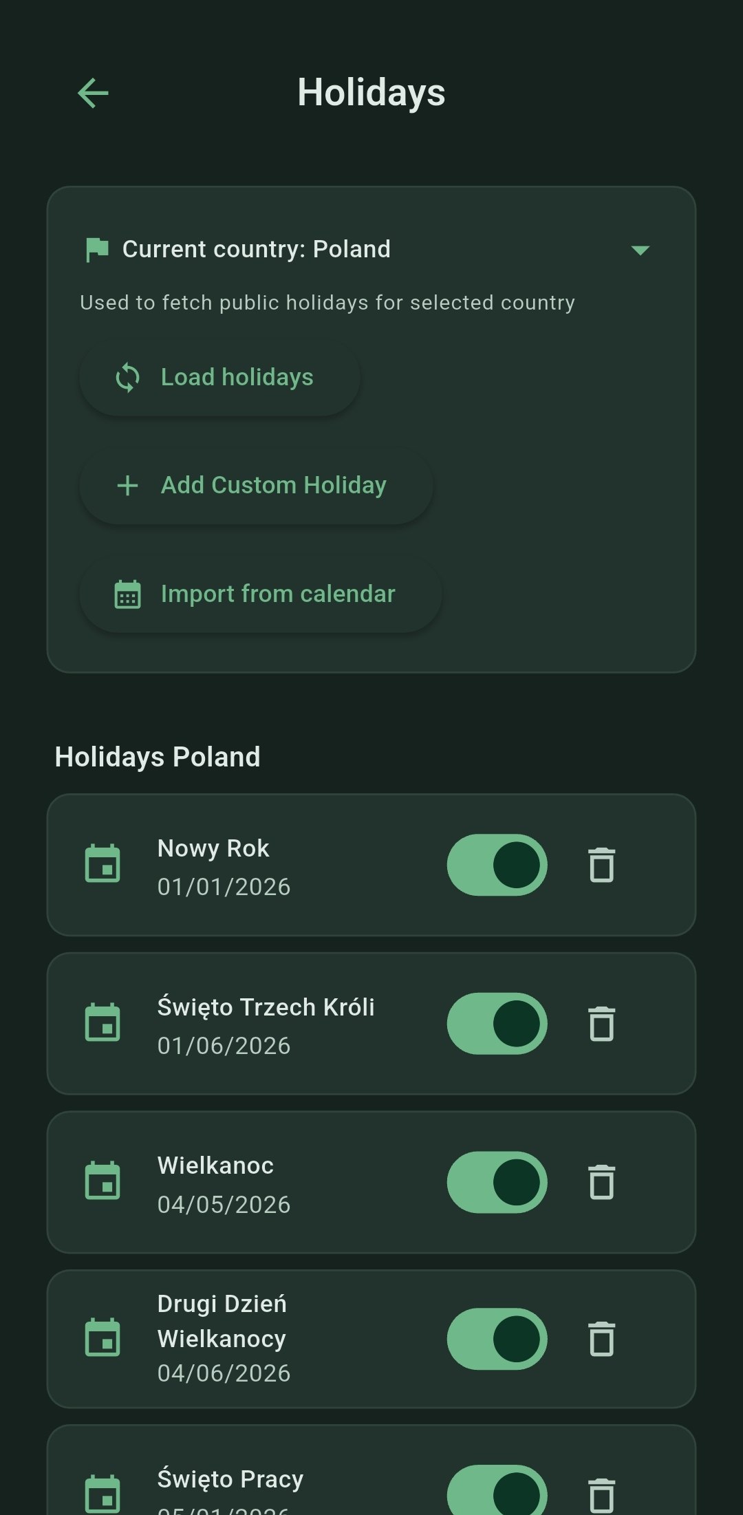 Simple Smart Alarm holiday list